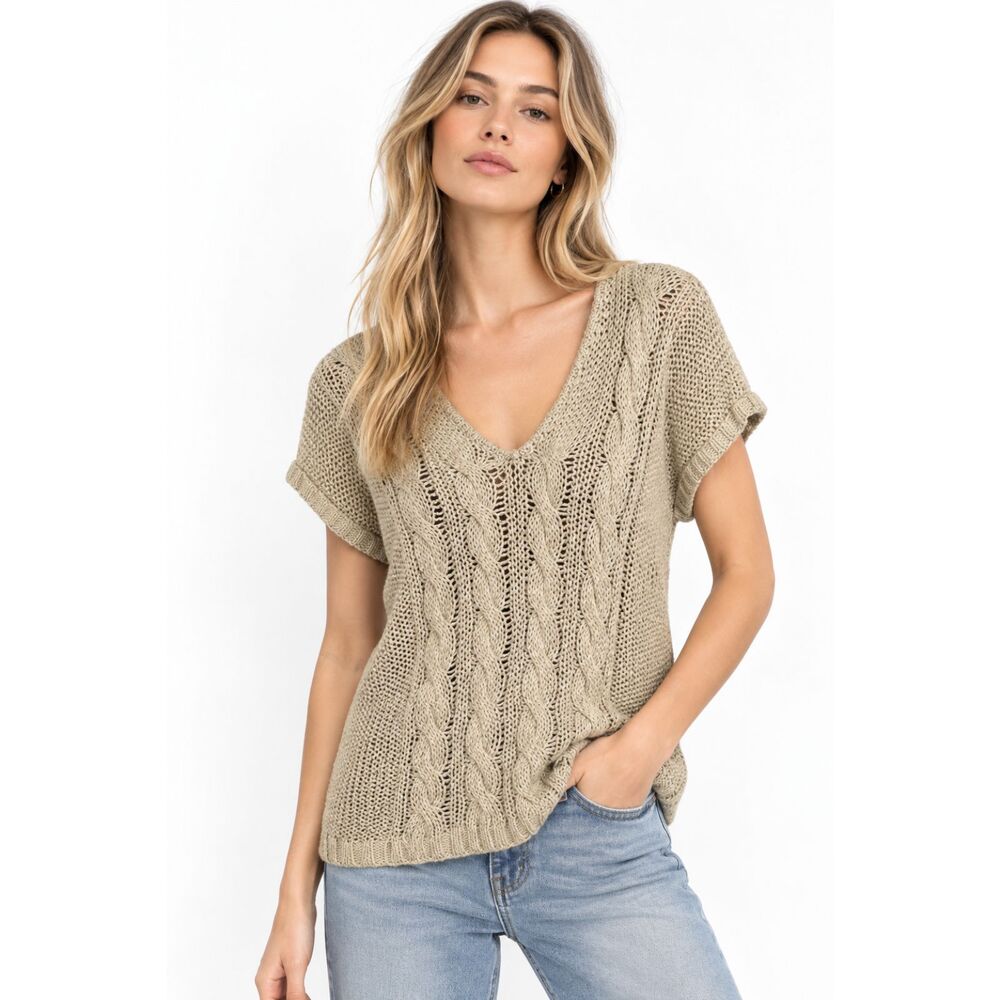Tommy Bahama Womens Knit Sweater Top Small Tan V Neck Coastal Resort Fisherman